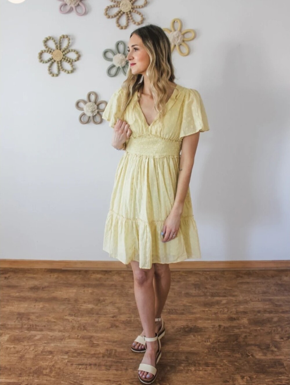 In Bloom Pale Yellow Flutter-Sleeve Smocked Mini Dress